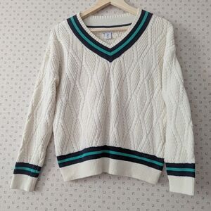 🤍 Nicole Miller XL Cream and Black V-Neck Sweater with Teal Accents